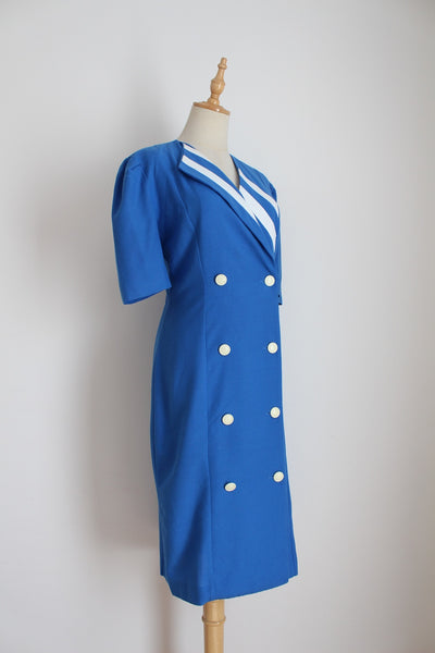 VINTAGE DOUBLE BREASTED SHIFT DRESS BLUE - SIZE 6