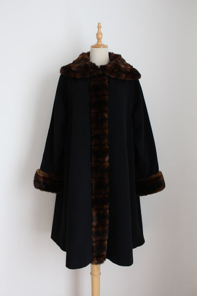 VINTAGE FAUX FUR WOOL COAT BLACK - SIZE 16