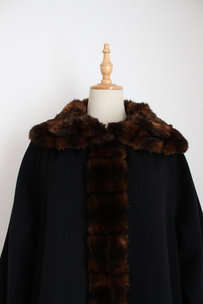VINTAGE FAUX FUR WOOL COAT BLACK - SIZE 16