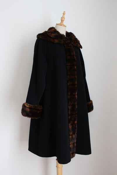 VINTAGE FAUX FUR WOOL COAT BLACK - SIZE 16