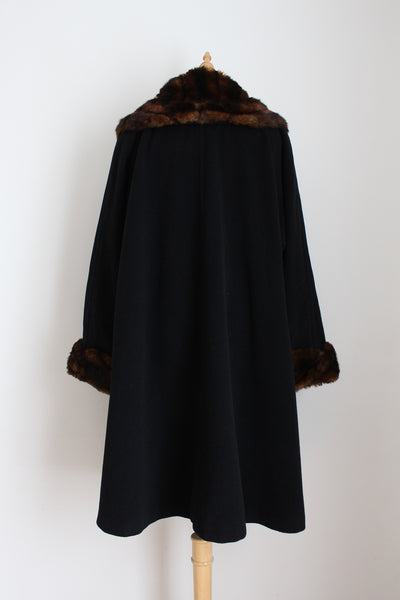 VINTAGE FAUX FUR WOOL COAT BLACK - SIZE 16