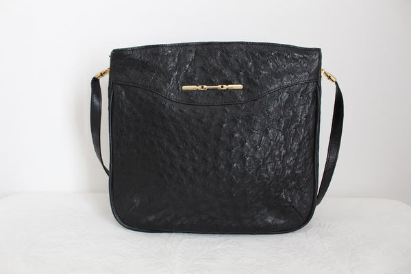 GENUINE OSTRICH SKIN SHOULDER BAG BLACK