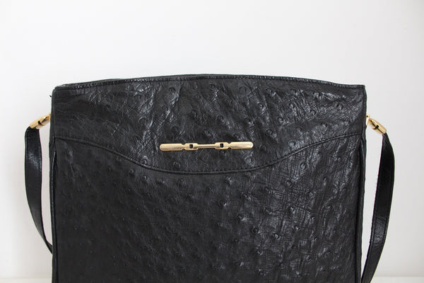 GENUINE OSTRICH SKIN SHOULDER BAG BLACK