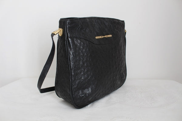 GENUINE OSTRICH SKIN SHOULDER BAG BLACK