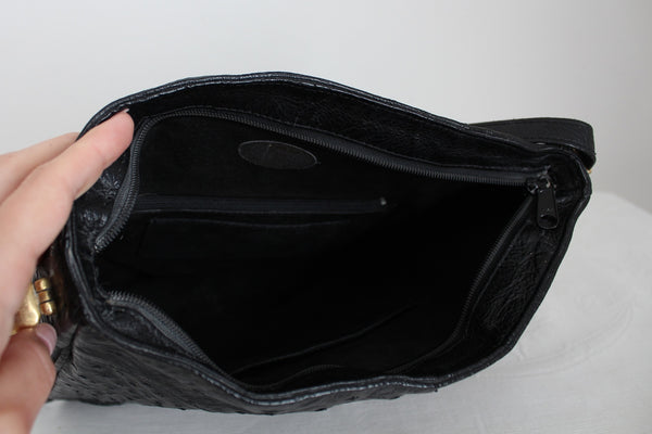 GENUINE OSTRICH SKIN SHOULDER BAG BLACK