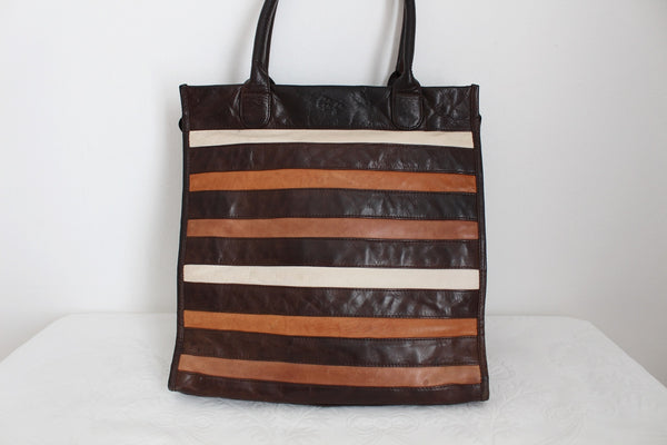 GENUINE LEATHER STRIPE TOTE BAG BROWN