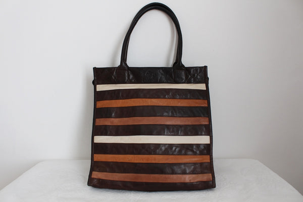 GENUINE LEATHER STRIPE TOTE BAG BROWN