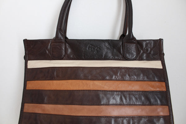 GENUINE LEATHER STRIPE TOTE BAG BROWN