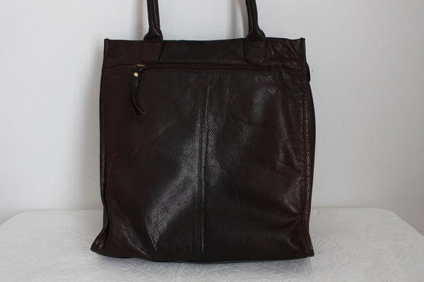GENUINE LEATHER STRIPE TOTE BAG BROWN