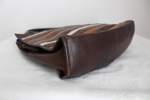 GENUINE LEATHER STRIPE TOTE BAG BROWN