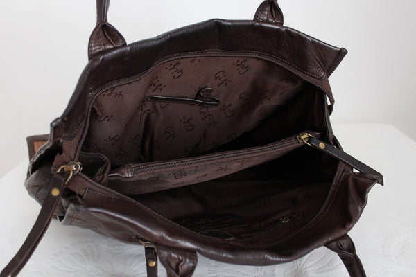 GENUINE LEATHER STRIPE TOTE BAG BROWN