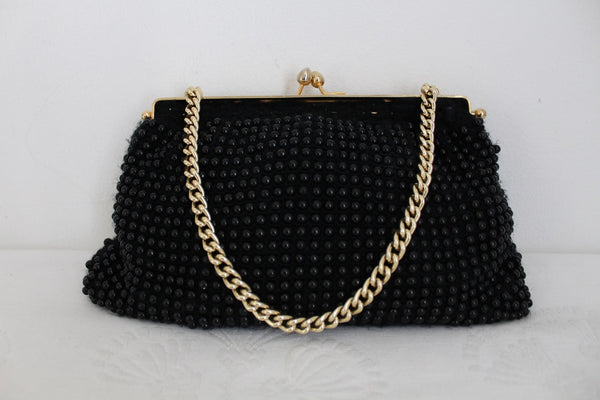 VINTAGE BEADED WOOL BAG BLACK