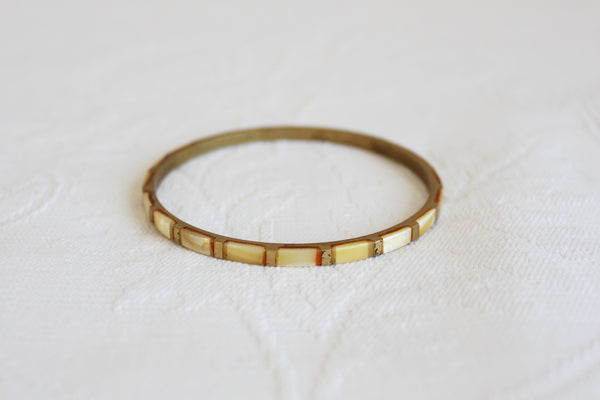 VINTAGE MOTHER OF PEARL BRASS INLAY SKINNY BANGLE