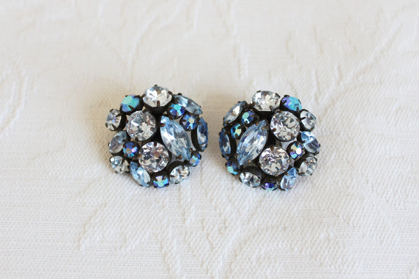 VINTAGE RHINESTONE CLUSTER EARRINGS BLUE