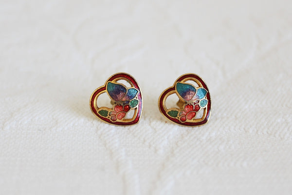 VINTAGE CLOISONNE ENAMEL HEART EARRINGS