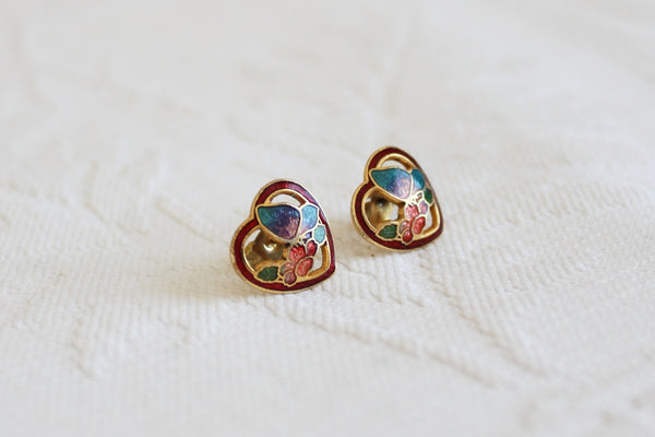 VINTAGE CLOISONNE ENAMEL HEART EARRINGS