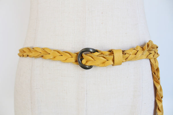 GENUINE LEATHER WOVEN SKINNY BELT YELLOW