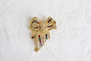 VINTAGE GOLD TONE RHINESTONE BOW BROOCH