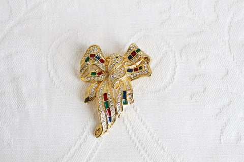 VINTAGE GOLD TONE RHINESTONE BOW BROOCH