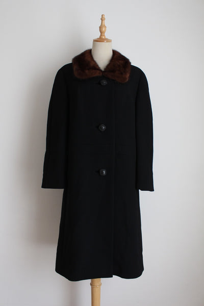 FUR COLLAR 100% WOOL VINTAGE COAT BLACK - SIZE 12