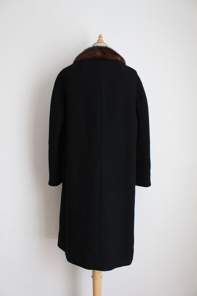 FUR COLLAR 100% WOOL VINTAGE COAT BLACK - SIZE 12