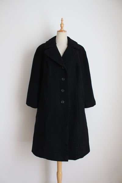 VINTAGE KARAKUL FUR COLLAR WOOL COAT BLACK - SIZE 16