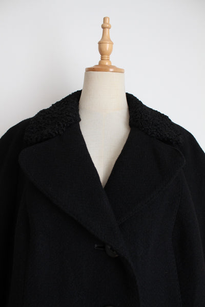 VINTAGE KARAKUL FUR COLLAR WOOL COAT BLACK - SIZE 16