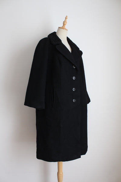 VINTAGE KARAKUL FUR COLLAR WOOL COAT BLACK - SIZE 16