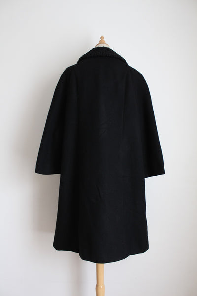 VINTAGE KARAKUL FUR COLLAR WOOL COAT BLACK - SIZE 16