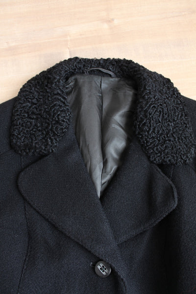 VINTAGE KARAKUL FUR COLLAR WOOL COAT BLACK - SIZE 16