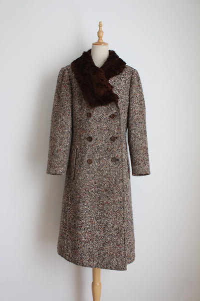FUR COLLAR VINTAGE WOOL COAT BROWN - SIZE 12