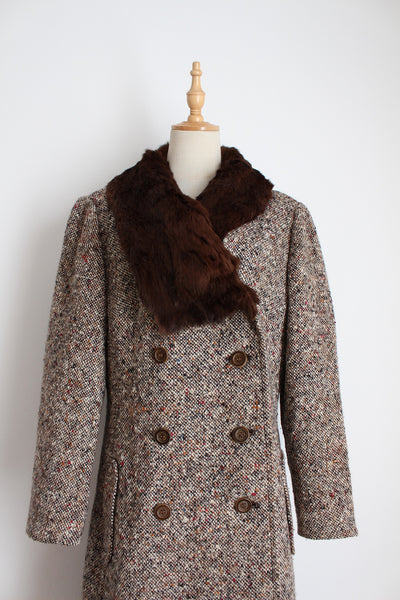 FUR COLLAR VINTAGE WOOL COAT BROWN - SIZE 12