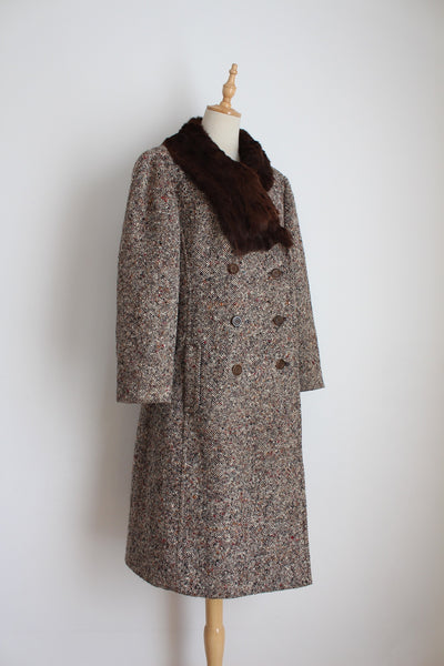 FUR COLLAR VINTAGE WOOL COAT BROWN - SIZE 12
