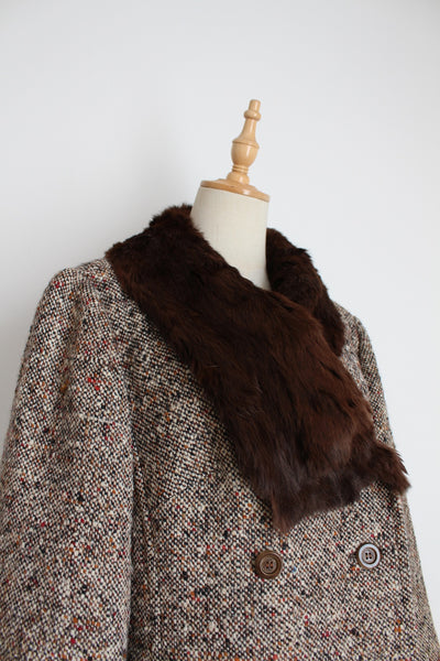FUR COLLAR VINTAGE WOOL COAT BROWN - SIZE 12