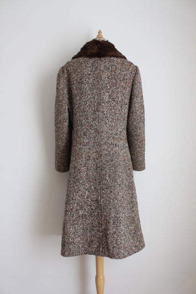 FUR COLLAR VINTAGE WOOL COAT BROWN - SIZE 12