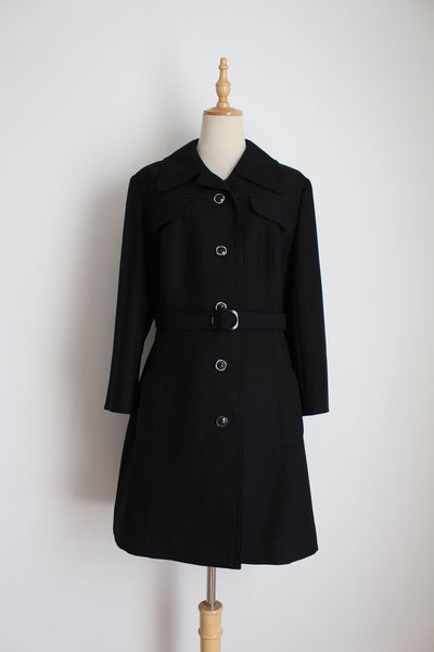 VINTAGE 100% WOOL BELTED TRENCH COAT BLACK - SIZE 14
