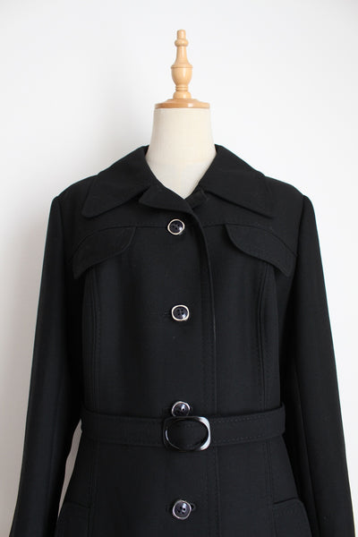VINTAGE 100% WOOL BELTED TRENCH COAT BLACK - SIZE 14