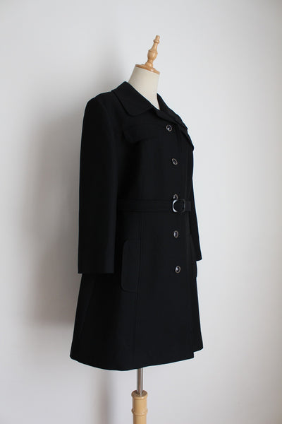 VINTAGE 100% WOOL BELTED TRENCH COAT BLACK - SIZE 14