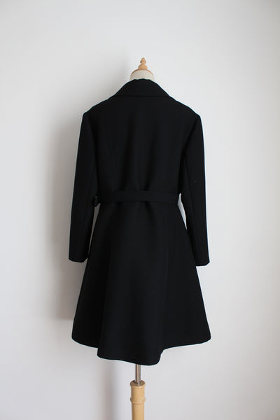 VINTAGE 100% WOOL BELTED TRENCH COAT BLACK - SIZE 14