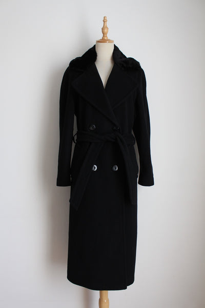 VINTAGE WOOL CASHMERE BELTED FAUX FUR COAT - SIZE 8