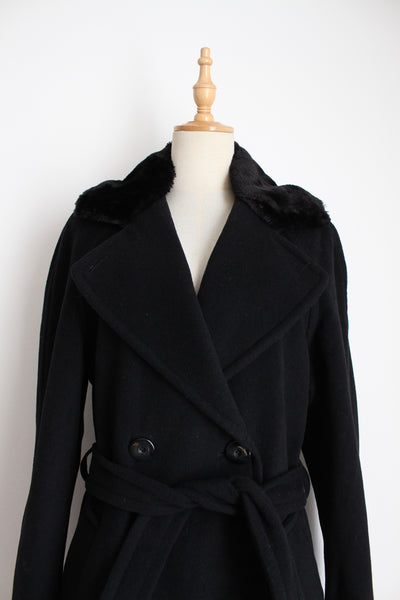 VINTAGE WOOL CASHMERE BELTED FAUX FUR COAT - SIZE 8