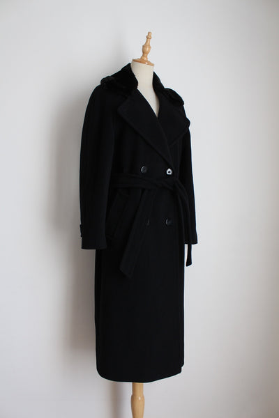 VINTAGE WOOL CASHMERE BELTED FAUX FUR COAT - SIZE 8