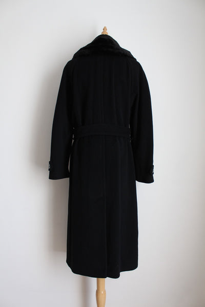 VINTAGE WOOL CASHMERE BELTED FAUX FUR COAT - SIZE 8