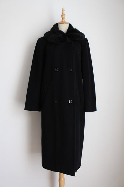 VINTAGE WOOL CASHMERE FAUX FUR COAT BLACK - SIZE 12