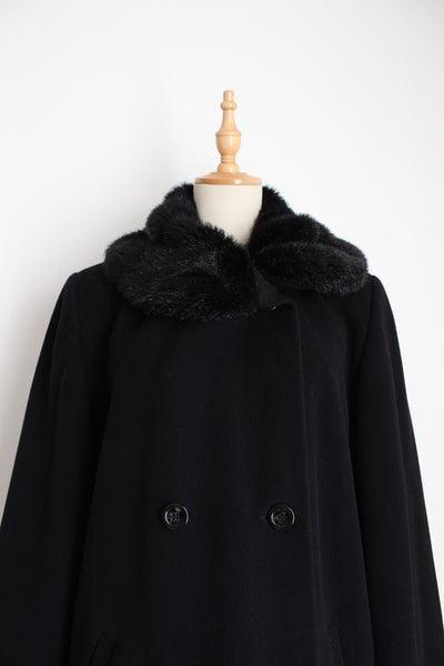 VINTAGE WOOL CASHMERE FAUX FUR COAT BLACK - SIZE 12