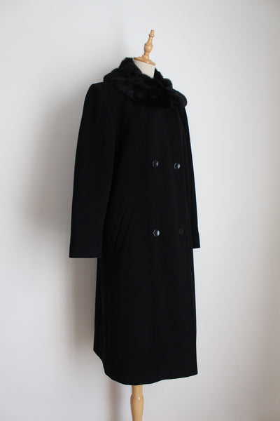 VINTAGE WOOL CASHMERE FAUX FUR COAT BLACK - SIZE 12