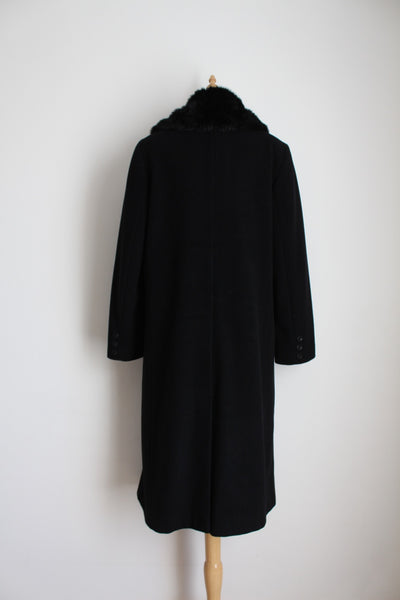 VINTAGE WOOL CASHMERE FAUX FUR COAT BLACK - SIZE 12