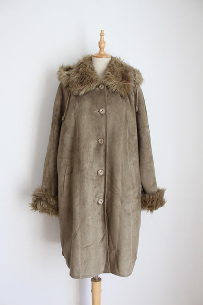 VINTAGE FAUX FUR SUEDE HOODED JACKET KHAKI - SIZE 16