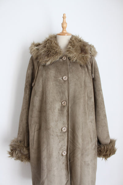 VINTAGE FAUX FUR SUEDE HOODED JACKET KHAKI - SIZE 16