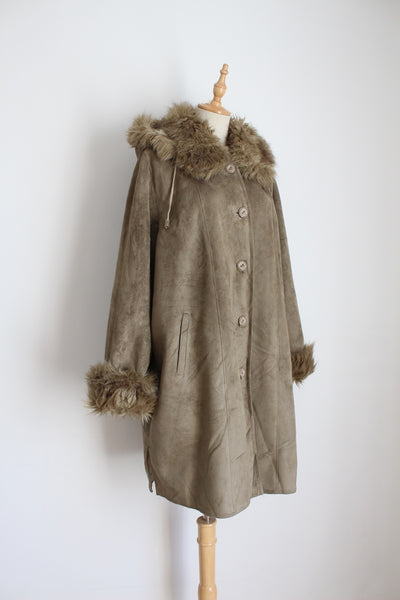 VINTAGE FAUX FUR SUEDE HOODED JACKET KHAKI - SIZE 16